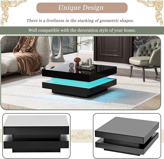 High Gloss 2-Tier Square Coffee Table with LED Lights, Center Table for Living Room, 31.5" x 31.5" x 14.2", Black