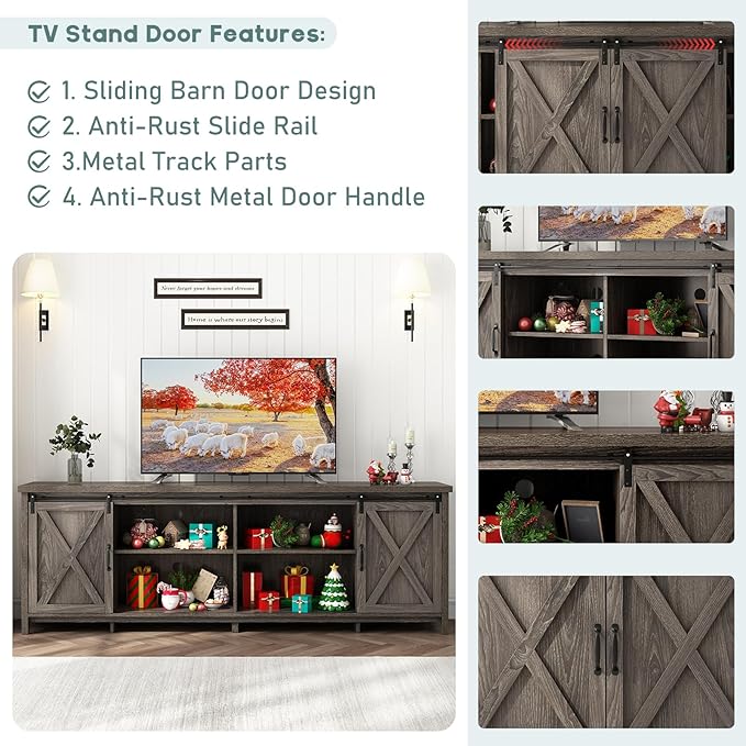 80 Inch Large Farmhouse TV Stands for 90 inch TV w/Adjustable Shelves-NeatNest