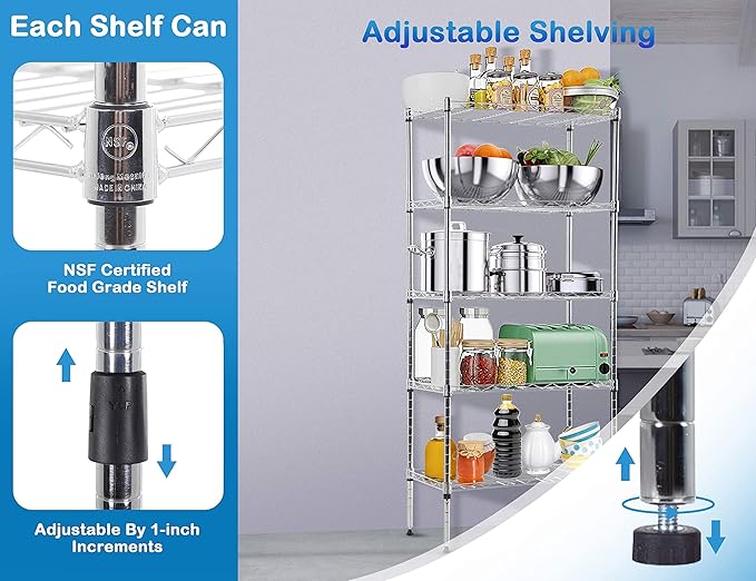5-Tier Metal Wire Shelving Unit Snack Shelf Height Adjustable Storage Rack NSF Certified Storage Shelves 750 Lbs Capacity Standing Utility Shelf for Laundry Kitchen Pantry Garage Organization