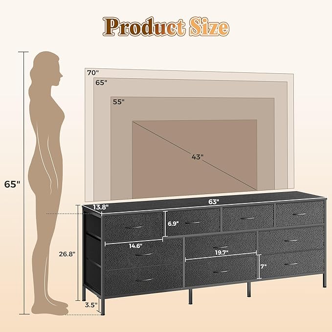 Huuger 63 Inch Dresser for Bedroom, Long Dresser with 10 Fabric Drawers, TV Stand for 55, 65, 70 Inch TV, Toy Storage Organizer for Closet, Black-NeatNest