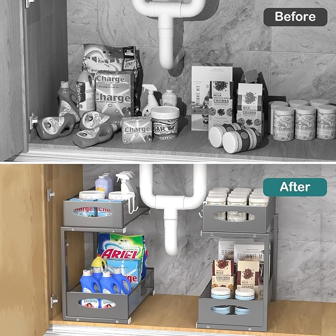 1 Pack Under Sink Organizer, 2 Tier Metal Pull Out Under Sink Storage with Sliding Mesh Drawers, Height Adjustable Slide Out Under Sink Organizer for Kitchen Bathroom Cabinet, Gray-NeatNest