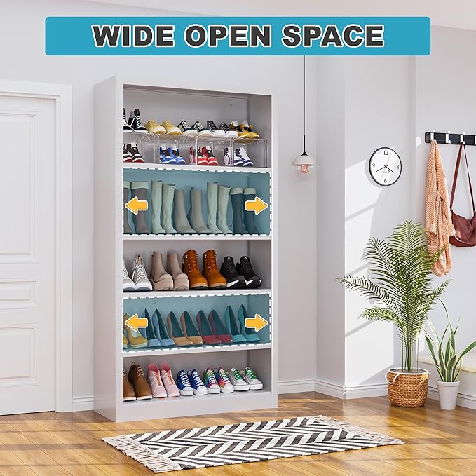 Shoe Cabinet,5 Tiers Heavy Duty Metal Freestanding Shoe Rack,55" Tall Shoe Cabinet with Open Storage for Entryway (White, 5 Tier-55 H*27.6" W*11.8" D)-NeatNest