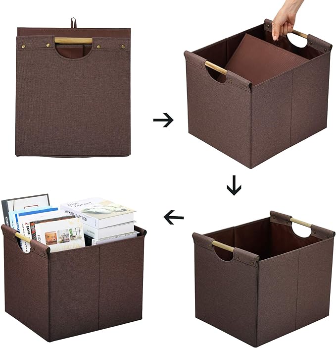 HOONEX Large Collapsible Storage Bins, Linen Fabric, 2 Pack, Storage Baskets with Wooden Carry Handles and Sturdy Heavy Cardboard, for Home, Office, Car, Nursery, Brown