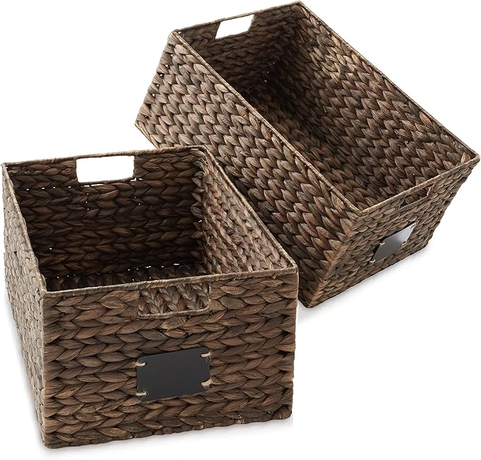Casafield Set of 2 Water Hyacinth Pantry Baskets, 12-1/2" x 17" x 8", with Chalkboard Labels and Chalk Marker - Espresso, Woven Storage Bin Organizers for Kitchen Shelves-NeatNest