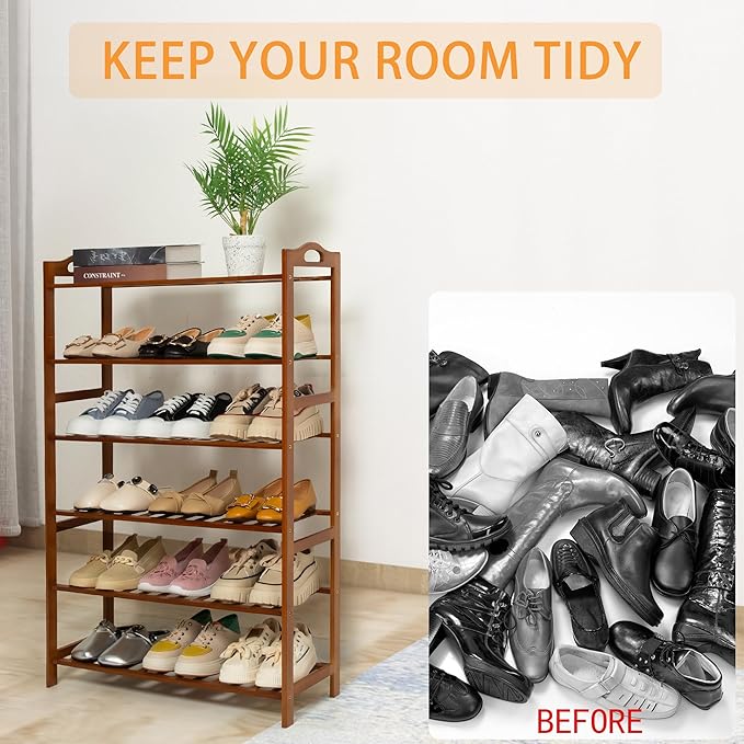 6 Tier Bamboo Shoe Rack, Free Standing Shoes Rack Shoe Shelf Shoe Organizer for Closet, Entryway, Bedroom, Living Room, Front Door, Studio, Bathroom-NeatNest