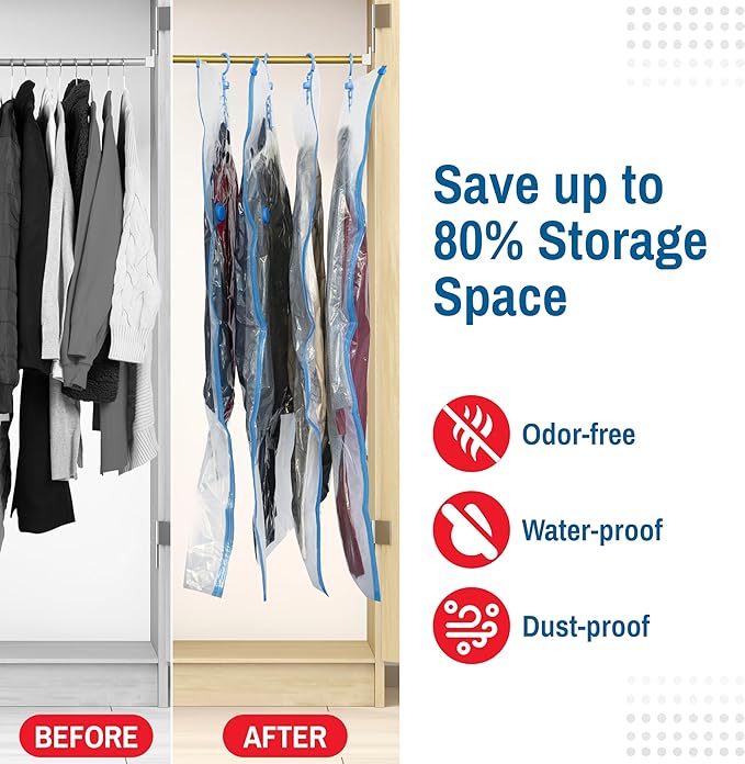 Spacesaver Hanging Vacuum Storage Bags (Pack of 4) - Vacuum Sealer Bags, Closet Organizer, Sealed Storage, Space Bag - Blanket, Bedding, Garment, Clothing, Dress, Suit, Long Coat, Jacket