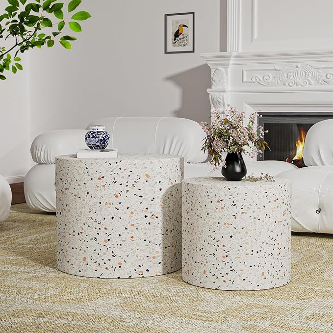 Nesting Coffee Table Set of 2, Modern Round Coffee Table with Non-Slip Feet, Wooden Circle Accent Tables for Small Spaces Living Room Bedroom Balcony Office Drum Side Table (C Terrazzo)