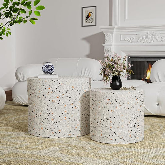 Nesting Coffee Table Set of 2, Modern Round Coffee Table with Non-Slip Feet, Wooden Circle Accent Tables for Small Spaces Living Room Bedroom Balcony Office Drum Side Table (C Terrazzo)