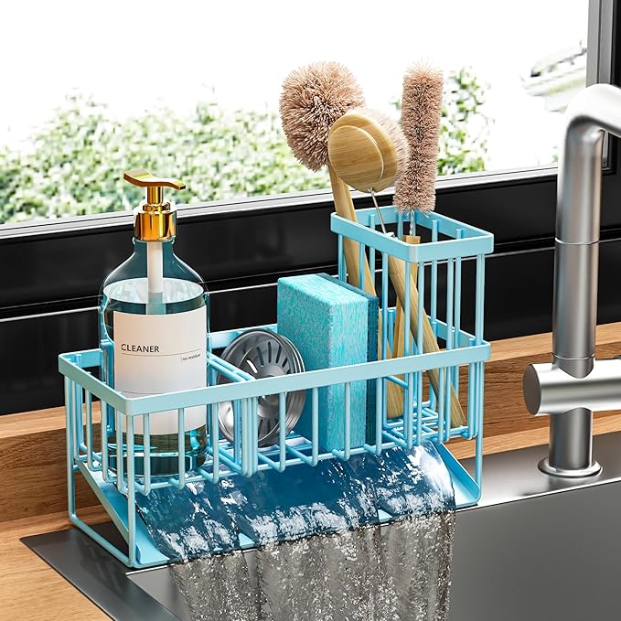 Cisily Blue Kitchen Sink Caddy Organzier with High Brush Holder, Sponge Holder for Sink, 304 Rustproof Stainless, Kitchen Countertop Soap Dispenser Organizer, Home Decor and Accessories-NeatNest