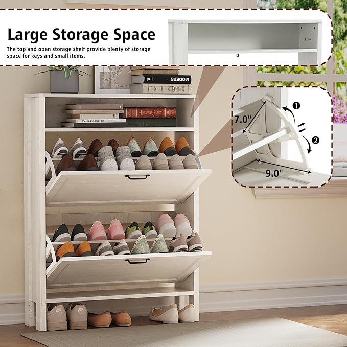 Shoe Storage Cabinet with 2 Flip Drawers, Wooden Shoe Rack with Metal Handle, Freestanding Hidden Shoe Storage Organizer with Open Shelf, Narrow Shoe Rack for Entryway, Hallway (White)