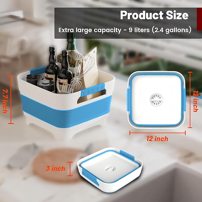 2.4 Gal Collapsbile Wash Basin with Drian Plug,9L Dish Pan for Soaking Baby Bottles,Portable Sink, Multiuse Foldable Bucket,Ice Beverage Tubs for Camping, Vegetable Washing, RV (Blue)-NeatNest
