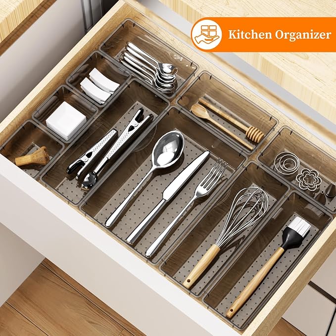 32 PCS Clear Plastic Drawer Organizer Set, 4-Size vanity organizer Trays and Storage Bins for Makeup, Jewelry and Gadgets in Bedroom, Bathroom and Office, Clear Black-NeatNest