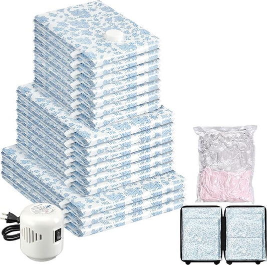 16 Pack Travel Vacuum Storage Bags with Electric Pump, 3 Large + 6 Medium + 7 Small Vacuum Sealer Bags, 80% Space Saver Bags for Luggage, Comforters and Blankets, Travel Essentials(Blue Flowers)-NeatNest