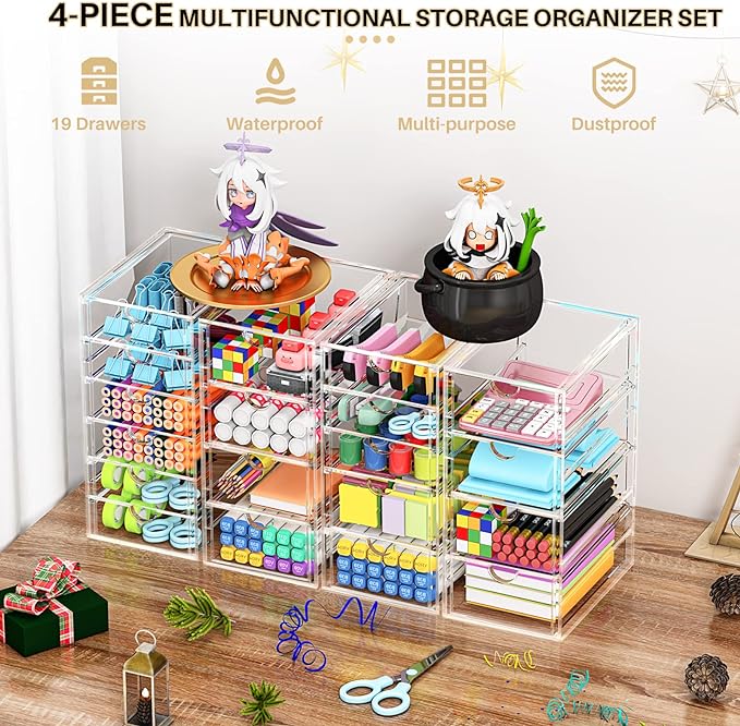 Acrylic Makeup Organizer with 19 Drawers, 4 Pack Clear Storage Drawers, Bathroom Makeup Organizer for Palettes, Cosmetic, and Beauty Supplies,Ideal for Vanity, Cabinet,Desk Organization-NeatNest