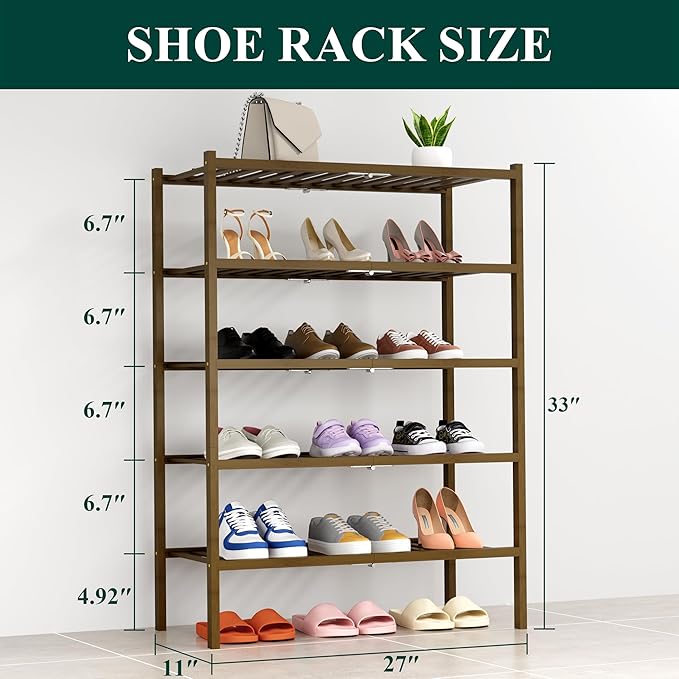 Smiry Shoe Rack, 5 Tier Thick Bamboo Shoe Organizer, Stackable Free Standing Wooden Shoe Storage Shelf for Closet, Entryway, Front Door Entrance, Walnut-NeatNest