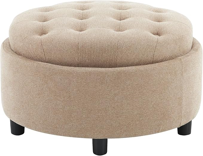 COLAMY Fabric Round Storage Ottoman with Reversible Tray Lid – Multi-Functional Footrest, Hidden Storage, Sturdy & Stylish Small Coffee Table for Living Room, Bedroom, or Entryway(Camel)-NeatNest