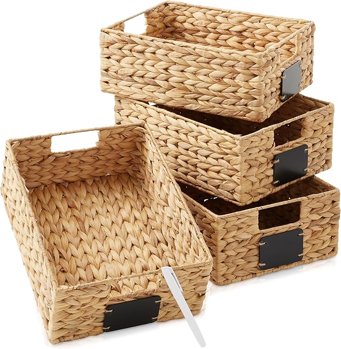 Casafield Set of 4 Water Hyacinth Pantry Baskets, 10" x 13" x 5", with Chalkboard Labels and Chalk Marker - Natural, Woven Storage Bin Organizers for Kitchen Shelves-NeatNest
