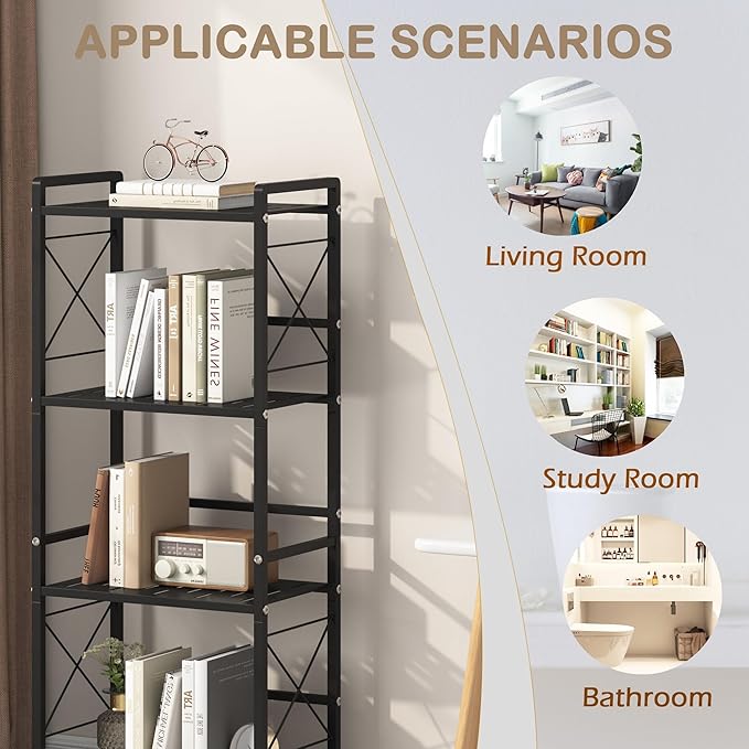 JSB 5 Tier Metal Bookshelf Bathroom Storage Standing Shelf Unit Kitchen Storage Organizer Display Rack Bookcases Shelves for Living Room, Bedroom, Office (Widen Black, 5 Tier)