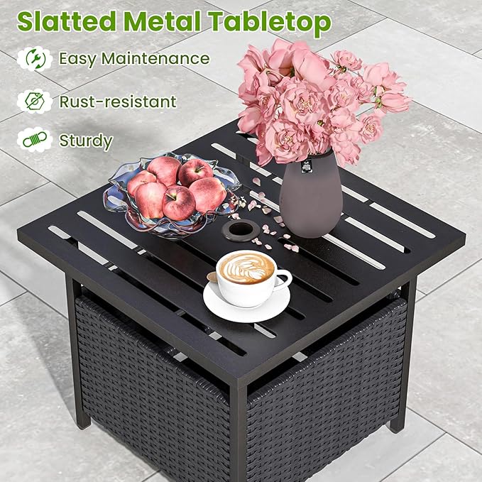 Patio Side Table with Umbrella Hole, 22" Rattan Wicker Umbrella Stand Table, Outdoor End Table for Patio, Garden, Poolside & Yard (Black)