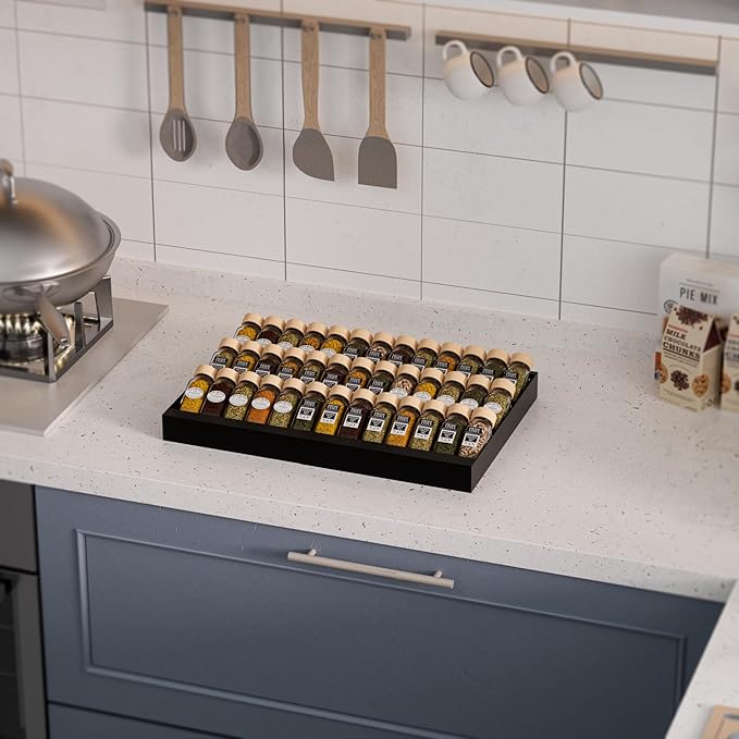 Expandable Metal Spice Drawer Organizer,3-Tier Slanted Seasoning Jars Tray for Kitchen Cabinet Drawers Insert/Countertop (Jars not included)-3Tier,1pack/Black-NeatNest