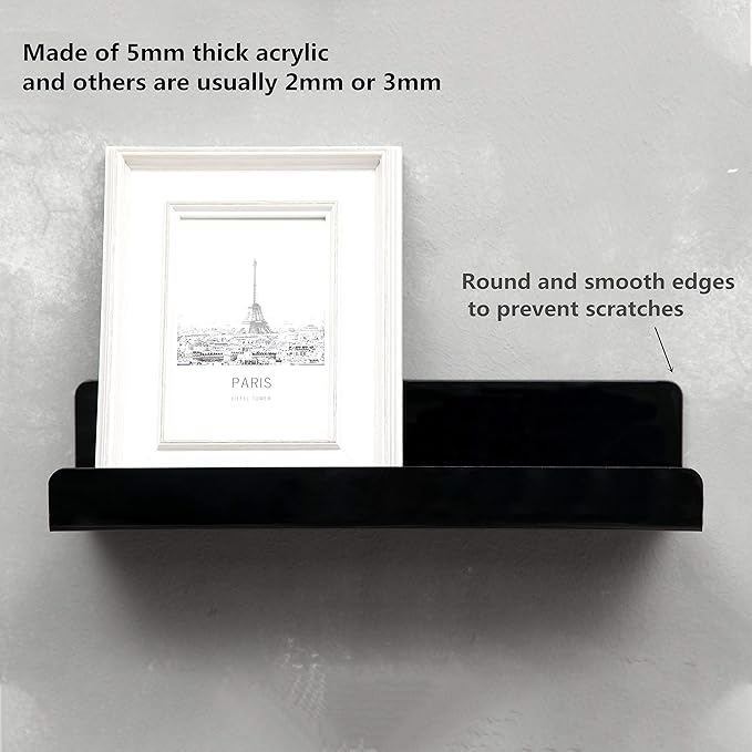 IEEK 15 Inch Black Acrylic Floating Wall Ledge Shelf,Wall Mounted Nursery Kids Bookshelf,5MM Thick Home/Office/Bathroom Storage Shelves Display Organizer Set of 3-NeatNest