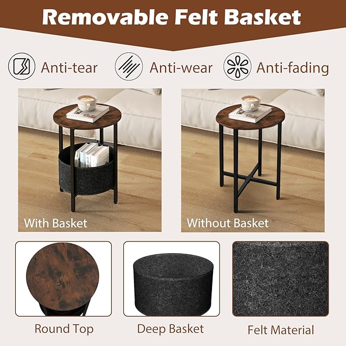 GOFALME Round End Table with Storage, Sofa Side Table with Removable Fabric Basket, Metal Frame, Wooden Top, Industrial, 2-Tier Bedside Table for Living Room, Bedroom, Rustic Brown
