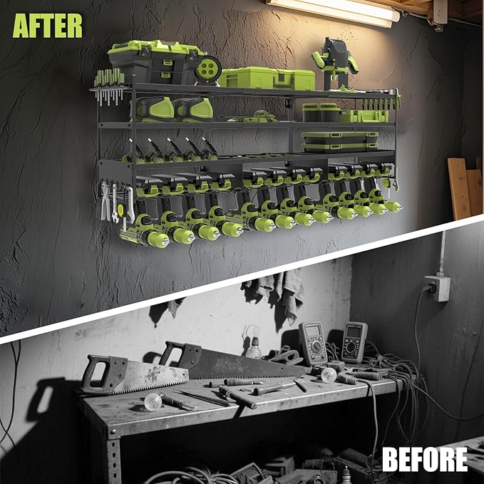 50''W Large Power Tool Organizer Wall Mount, Heavy Duty 4 Tier 12 Drill Holder Loads 600lbs, Garage Tool Organizer and Storage, Suitable Tool Rack for Workshop, Workbench
