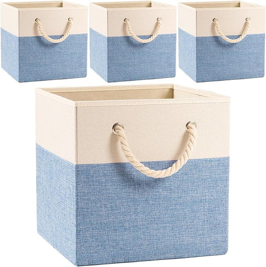 PRANDOM Large Foldable Cube Storage Bins 13x13 inch [4-Pack] Fabric Linen Storage Baskets Cubes Drawer with Cotton Handles Organizer for Shelves Nursery Closet Bedroom Beige/Blue-NeatNest