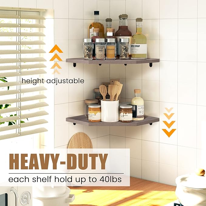 Corner Shelf Wall Mount, Floating Corner Shelves, Set of 2 Corner Wall Shelf Organizer, Rustic Wood Wall Storage Display Shelves for Living Room Bedroom Bathroom Kitchen, Rustic Grey-NeatNest