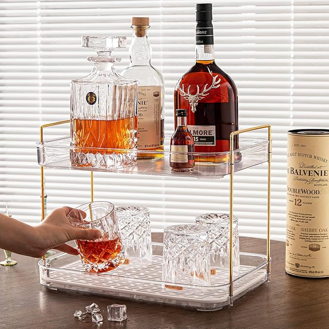 Seoneiro Whiskey Tray, Glass Cup Rack, Mug Holder, Coffee Cup Organizer, Bathroom Countertop Organizer with Drain Board Wine Glass Decorative, Food Tray, Kitchen Spice Rack
