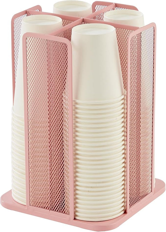 Annova Paper Mug and Lid Holder Plastic Cup Storage Organizer, 360°Rotating Coffee Mug Dispenser with 4 Compartments, Multifunctional Cup Storage Rack for Home, Office, Bar, Coffee Shop (Light Pink)-NeatNest