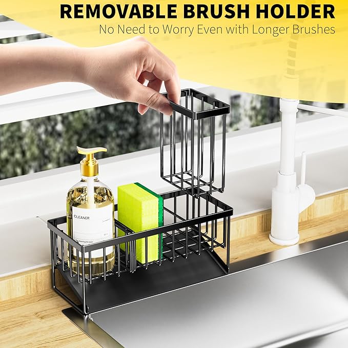 Cisily Kitchen Sink Caddy Organzier with High Brush Holder, Sponge Holder for Sink, 304 Rustproof Stainless, Kitchen Countertop Soap Dispenser Organizer, Kitchen Decor and Accessories-NeatNest