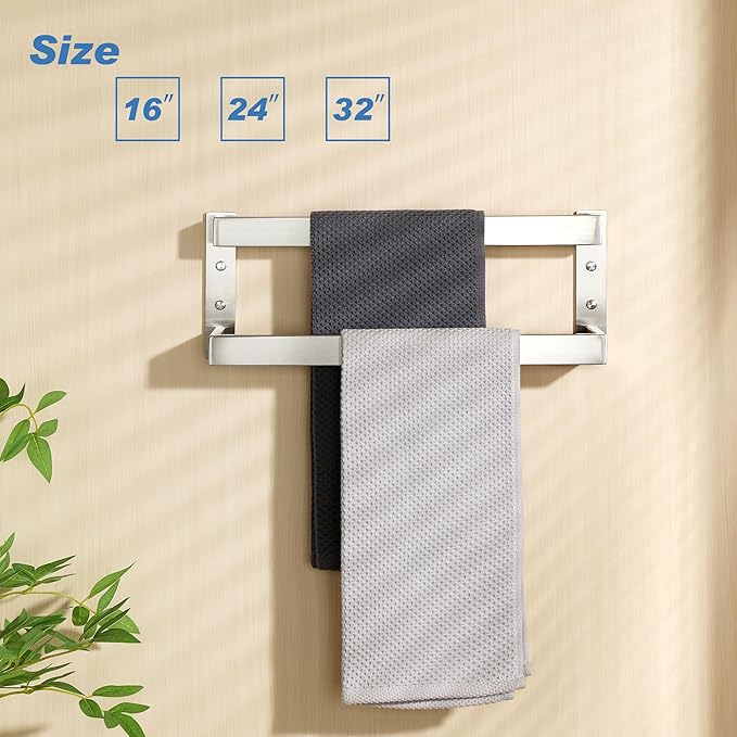 Alise Double-Layer Towel Bar, Brushed Nickel Towel Racks for Bathroom Wall Mounted, Stainless Steel Bathroom Towel Holder, Modern Space Saving Towel Rod, 16"