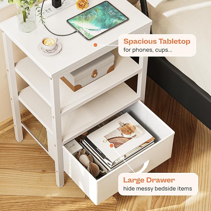 SUPERJARE Nightstand Set of 2, Bed Side Tables with Charging Station, Adjustable Fabric Drawer, Night Stand for Bedroom, 3-Tier Storage End Tables, White, 8694WC
