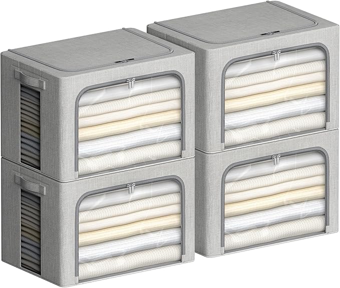 4 Pack Clothes Storage Bins with Metal Frame - Linen Fabric Foldable Stackable Container Organizer Set with Clear Window & Carry Handles & Zippers (Light Grey, 23.6"x16.5"x15.7")-NeatNest