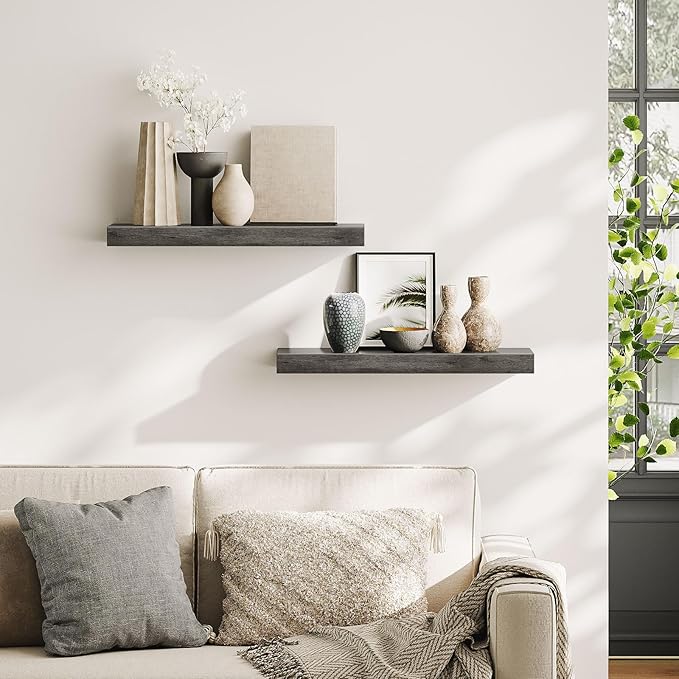 HOOBRO Floating Shelves for Wall, Wall Mounted Shelf Set of 2, 23.6" Hanging Shelf with Invisible Brackets, for Wall in Bathroom, Bedroom, Toilet, Kitchen, Living Room, Office, Charcoal Gray BC60BJ01-NeatNest