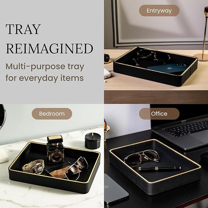 Black Leather Valet Tray for Men| Catch All| Bedside Organizer for Nightstand| Cologne Tray for Men-NeatNest