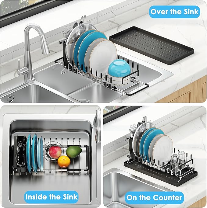 ANTOPY Small Dish Drying Rack - Expandable 304 Stainless Steel Rustproof Dish Rack Over Sink with Silicone Drying Mat & Cutlery Holder, Compact Dish Drainer for Kitchen Counter, Inside Sink, Silver