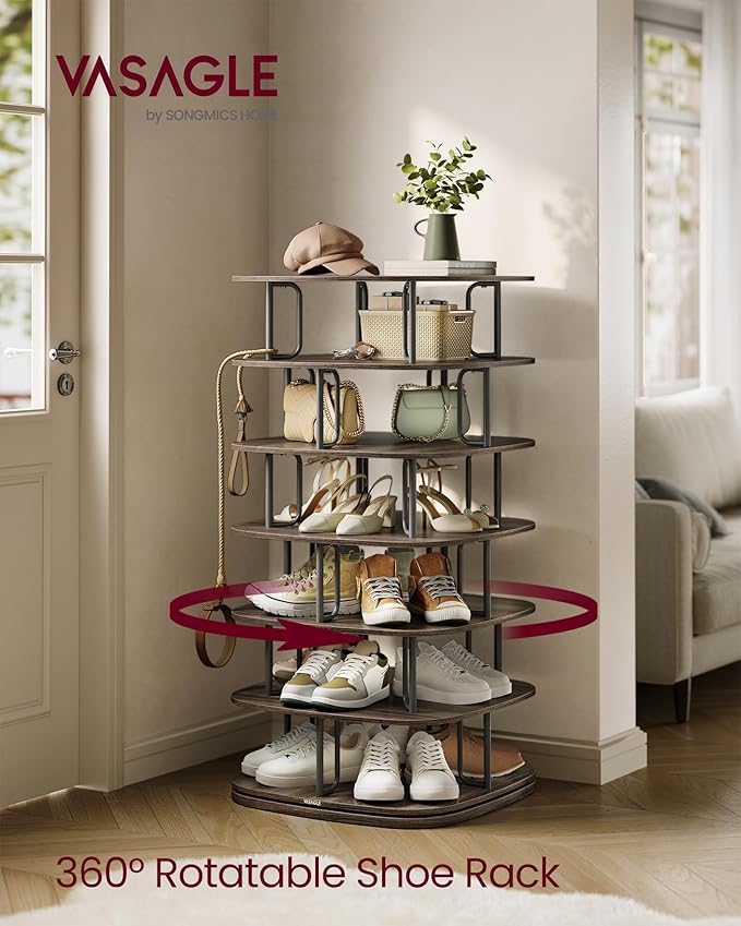 VASAGLE 7-Tier Shoe Rack, Rotating Shoe Rack Tower, Shoe Closet Organizer, Shoe Shelf, 28-35 Pairs, 23.6 x 23.6 x 47.2 Inches, for Entryway, Living Room, Closet, Ink Black and Ash Brown ULBS041B01-NeatNest