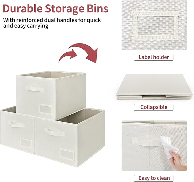 GRANNY SAYS Cloth Storage Bin with Label Holder, Closet Organizers and Storage Shelves, Sweater Storage Boxes for Closet Room, Storage Baskets for Organizing, Pearl White, 3-Pack