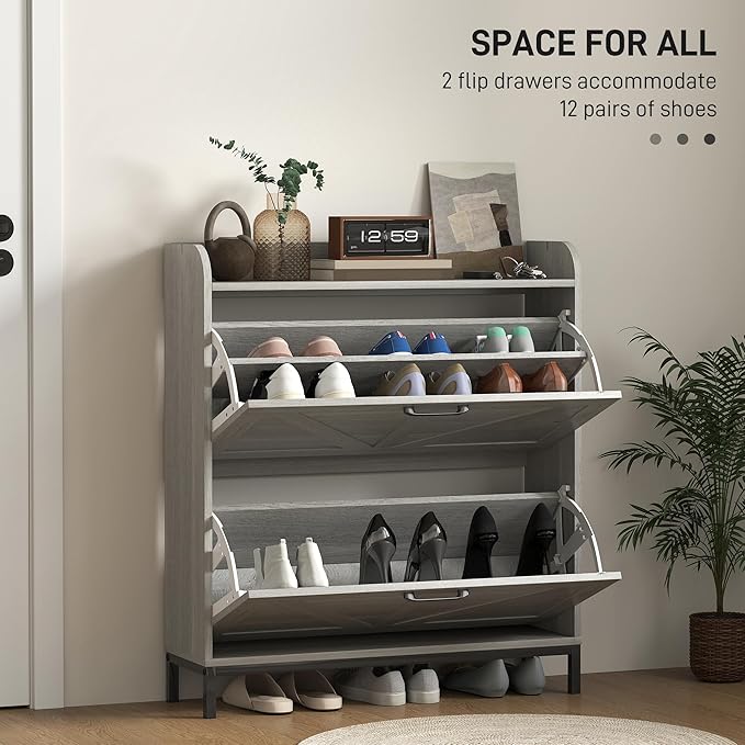 HOMCOM Shoe Storage Cabinet with 2 Flip Drawers, Legs, Farmhouse Freestanding Narrow Shoe Cabinet, Slim Hidden Rack Organizer for Entryway, Hallway, Light Gray Wood Grain-NeatNest