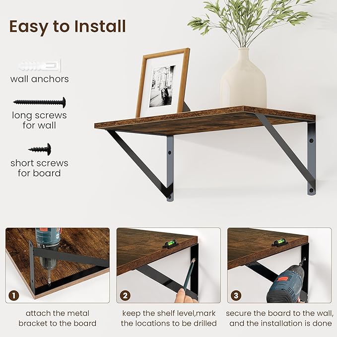 Fun Memories Deep Floating Shelves for Wall, 16W x 8D Wall Mounted Shelves Set of 2, Wide Display Ledge Shelf with Sturdy Metal Brackets for Living Room, Bathroom, Bedroom and Kitchen, Rustic Brown-NeatNest