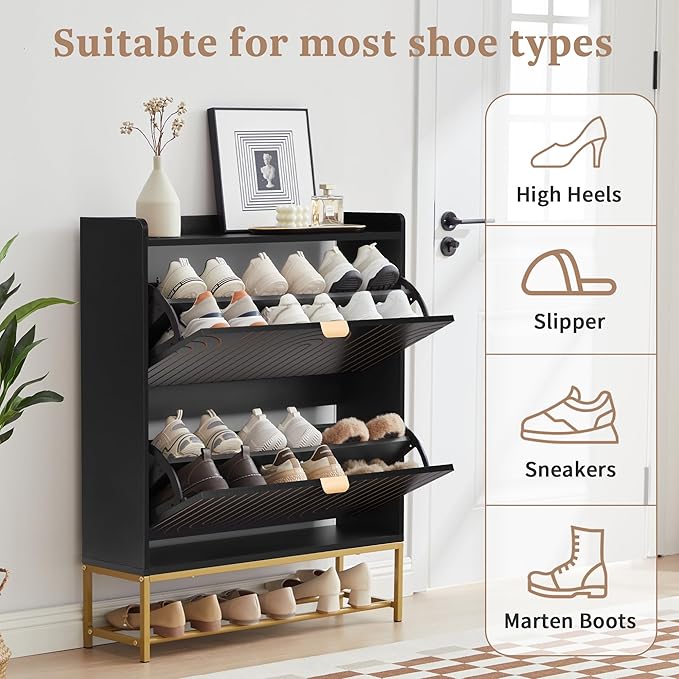 LEVNARY Narrow Shoe Storage Cabinet Set of 2, Mid-Century Modern 2-Tier Wooden Shoe Rack Organizer with Carving Lines, Freestanding Hidden Shoe Cabinet for Entryway Hallway Foyer (2, Black)-NeatNest