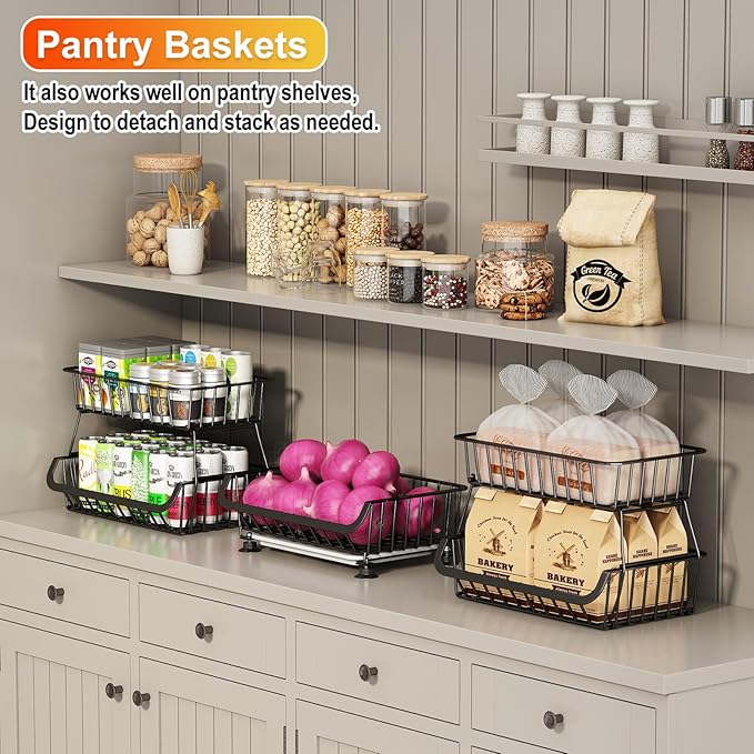 3-Tier Rolling Pantry Cart with Wheels, Stackable Wire Storage Floor Organizer for Kitchen Pantry Snack Shelves, Fruit Basket Stand, Vegetable Storage Rack for Snacks Fruits Onion Potato
