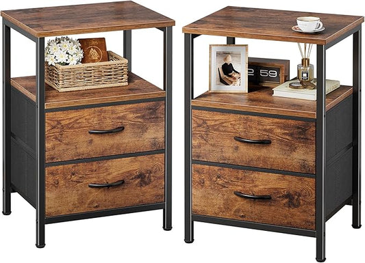 Huuger Night Stand Set of 2, Nightstand with 2 Drawers, Bed Side Table with Open Shelf, Wooden Top, End Table, Fabric Drawer, for Bedroom, Rustic Brown