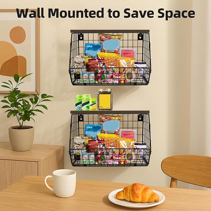 2-Pack Hanging Fruit Basket for Kitchen, Wall Mounted Metal Wire Storage Bins w/Wood Lid, Banana Hook, Stackable Vegetable Organiser for Countertop Pantry Produce Fruits Onion and Potato
