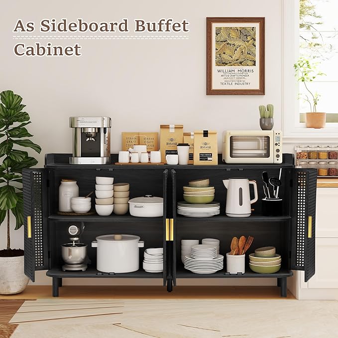 ORRD 4 Doors Storage Cabinet, 2 Tier Wooden Storage Organizer Cabinet with Adjustable Shelf, Sideboard Buffet Cabinets with Iron Curved Doors Accent Shoe Rack for Entryway Hallway Living Room (Black)-NeatNest