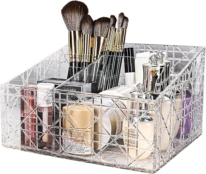 Acrylic Makeup Organizer, Clear Cosmetic Brush Storage Box With 4 Brush Holders,Large-capacity Split Design Can Quickly Organize the Desktop Skincare, Hair Tools, Brushes,Perfume-NeatNest