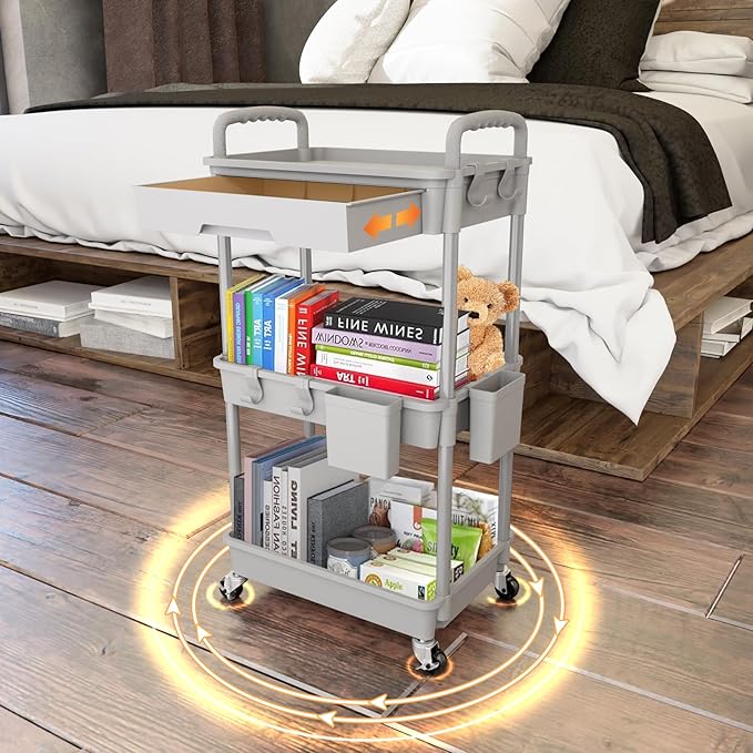 3 Tier Rolling Utility Cart with Drawer,REBECAT Utility Cart Made of Multifunctional Storage Organizer Tool for Kitchen,Bathroom,Living Room,Office(Gray)-NeatNest