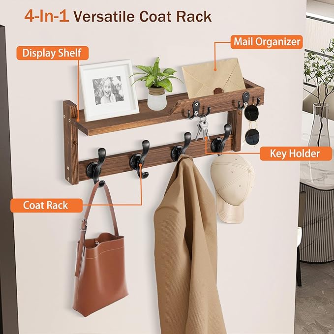 Coat Rack Wall Mount with Shelf, Coat Hanger Wall Mount with Key Hooks and Mail Holder, Wood Entryway Floating Shelf with Hooks and Storage, Hat Rack for Wall Key Holder Mail Organizer-NeatNest